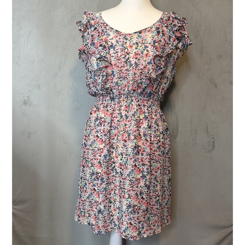 LC Lauren Conrad Women's Size 8 Floral Ruffle Sleeve Dress Lined Pink Blue